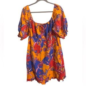 ModCloth Taking A Tropical Twirl Floral‎ Orange Blue Babydoll Dress XL